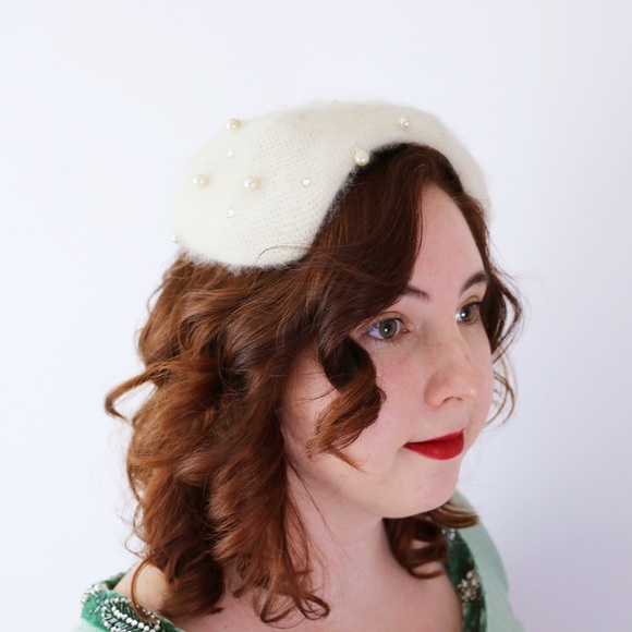 1950s Angora White Pearl Hat Head Piece Beret Cute
